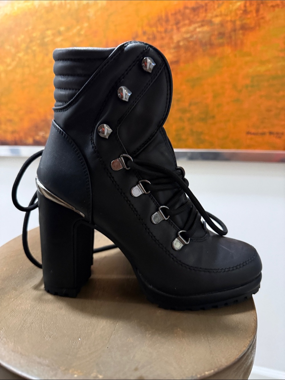 DKNY Black Lace-Up Chunky Heel Ankle Boot